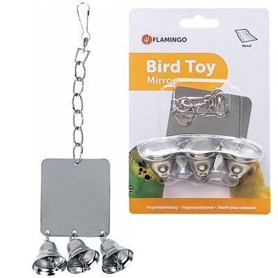 Flamingo Mirror+3Bells ФЛАМІНГО КВАДРАТНЕ ДЗЕРКАЛО З ДЗВІНОЧКАМИ іграшка для папуг 7 см х 8 см