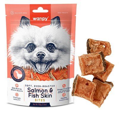 Wanpy Ласощі для собак Soft Salmon & Fish Skin Bites м'які шматочки лосося 100г, 100г