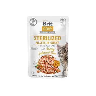 Brit Care Cat Sterilized Fillets in Gravy консерви для стерилізованих котів ЛОСОСЬ і ТУНЕЦЬ В СОУСІ, 85г