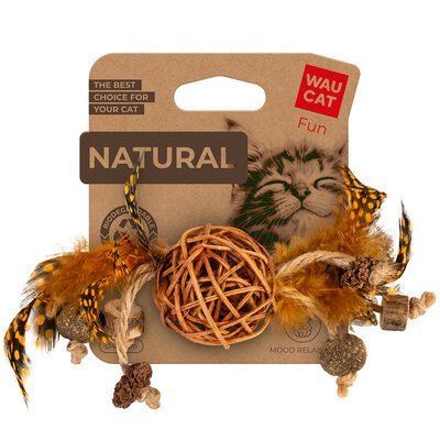 Іграшка для котів WAUCAT Fun Natural Плетений м'ячик з дзвіночком і пір'ям, 20 см