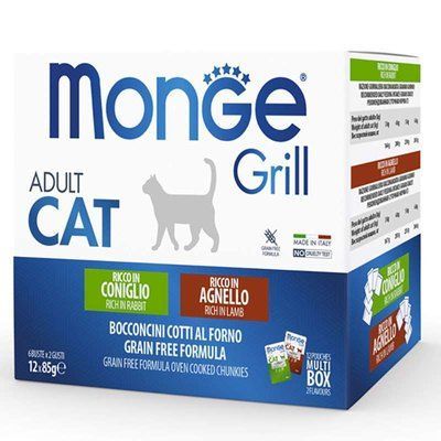 Monge Cat Grill Adult MIX Multi Box вологий корм для котів КРОЛИК, ЯГНЯ, пауч мультипак, 12 шт х 85г, 12x85 г