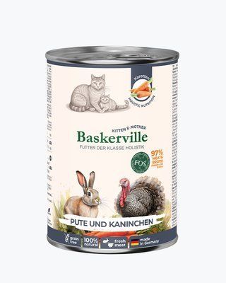 Baskerville FOS Kitten&Mother Pute und Kaninchen Вологий корм для кошенят і кішок у період лактації індичка і кролик з морквою, 400 г, 400г