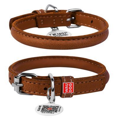 WAUDOG Soft ошейник для собак кожаный с QR паспортом, круглый, Д 8мм, Дл 25-33см, коричневый