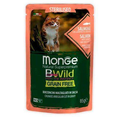 Monge Cat Wet Bwild Grain Free Sterilised лосось з креветками та овочами, пауч, 85г, 85г