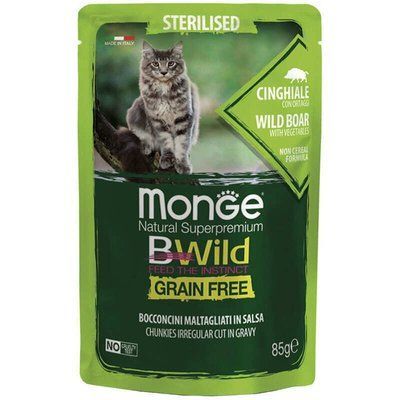 Monge Cat Wet Bwild Grain Free Sterilised мясо дикого кабана з овочами, пауч, 85г, 85г