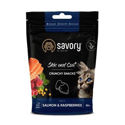 Savory Skin & Coat Crunchy Snacks Salmon & Raspberries для шкіри та шерсті ЛОСОСЬ та МАЛИНА, 50 г, 50г