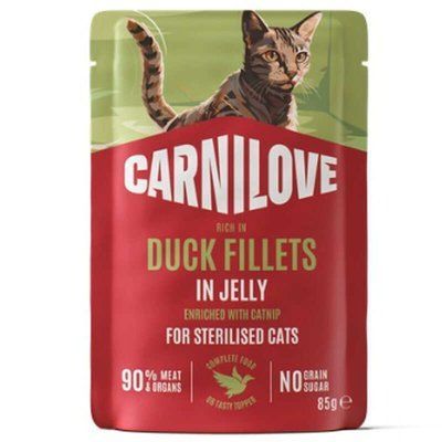 Carnilove Sterilised Jelly Duck with Catnip вологий корм для стерилізованих котів, шматочки в желе КАЧКА та КОТЯЧА М'ЯТА, 85г