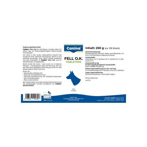 Canina Fell O.K. Вітамінний комплекс для собак Біотин для шерсті 250 г/ 125 табл., 125 табл.