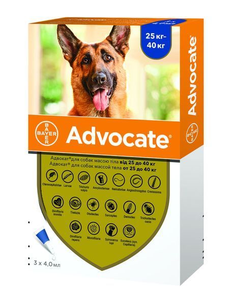 Bayer Advocate краплі від бліх, коростяних кліщів, профілактика дирофіляріозу для собак, 4,0 мл (25-40 кг)