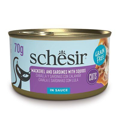 Schesir Grill Mackerel and Sardines with Squids ШЕЗІР МАКРЕЛЬ З САРДИНОЮ в соусі натуральні консерви беззерновий корм для котів, банка 70г, 70г